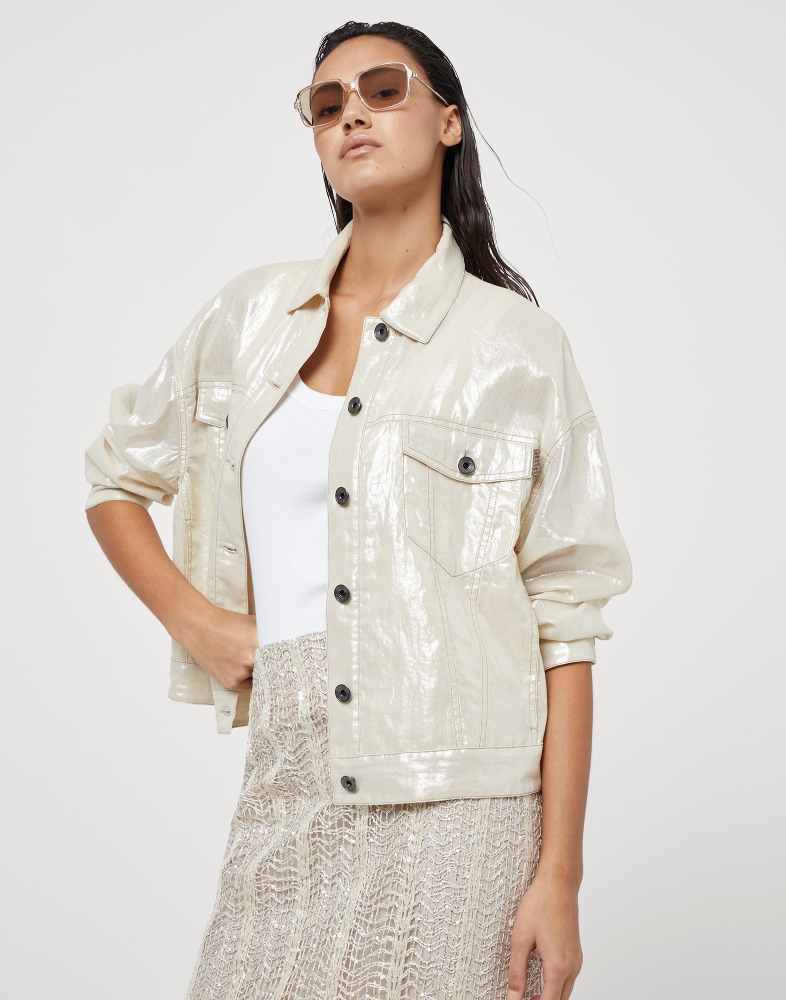 Lamé cotton gauze four-pocket jacket with shiny tab - 4
