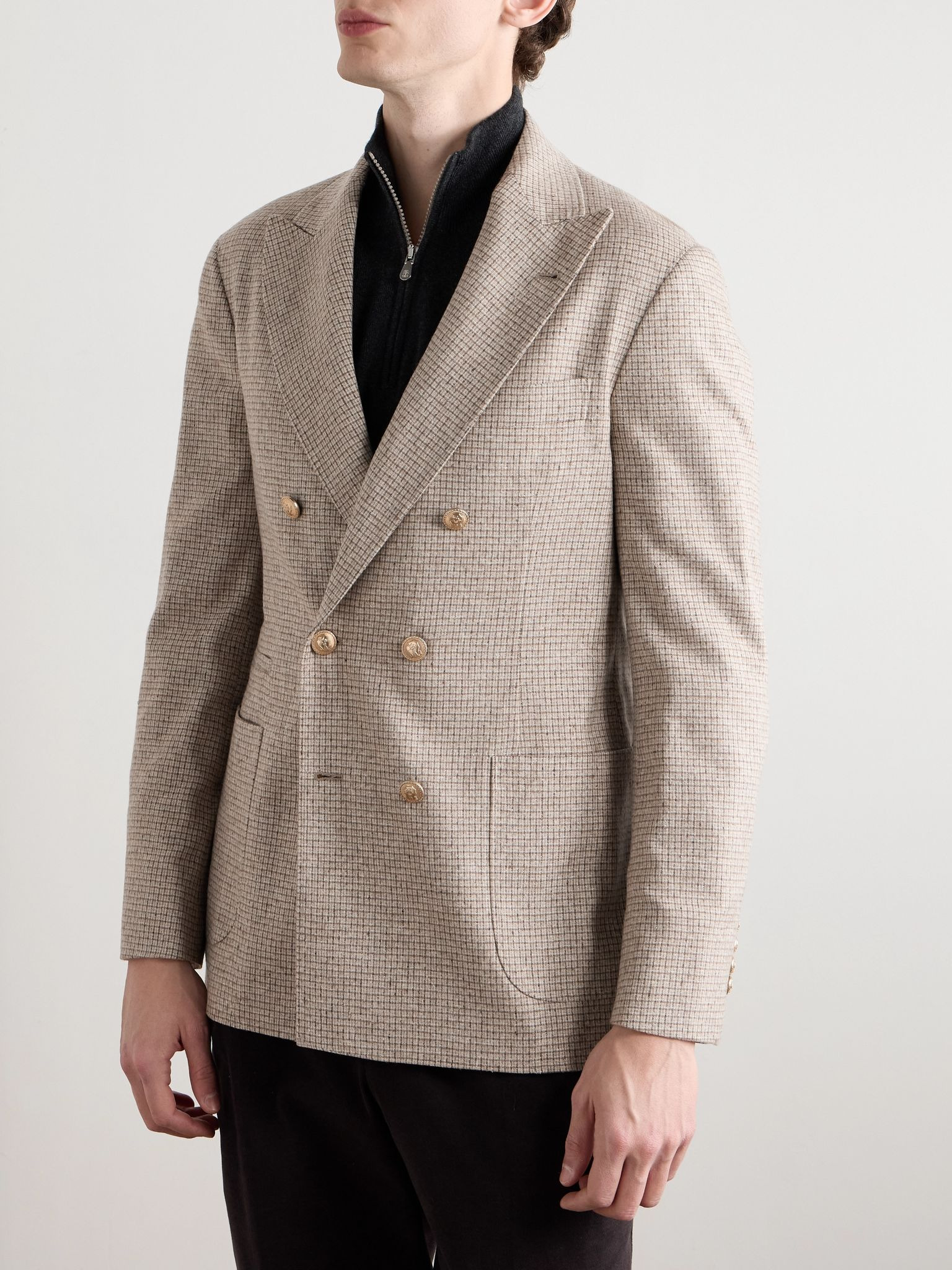 Double-Breasted Checked Silk, Wool and Cashmere-Blend Blazer Beige - 3