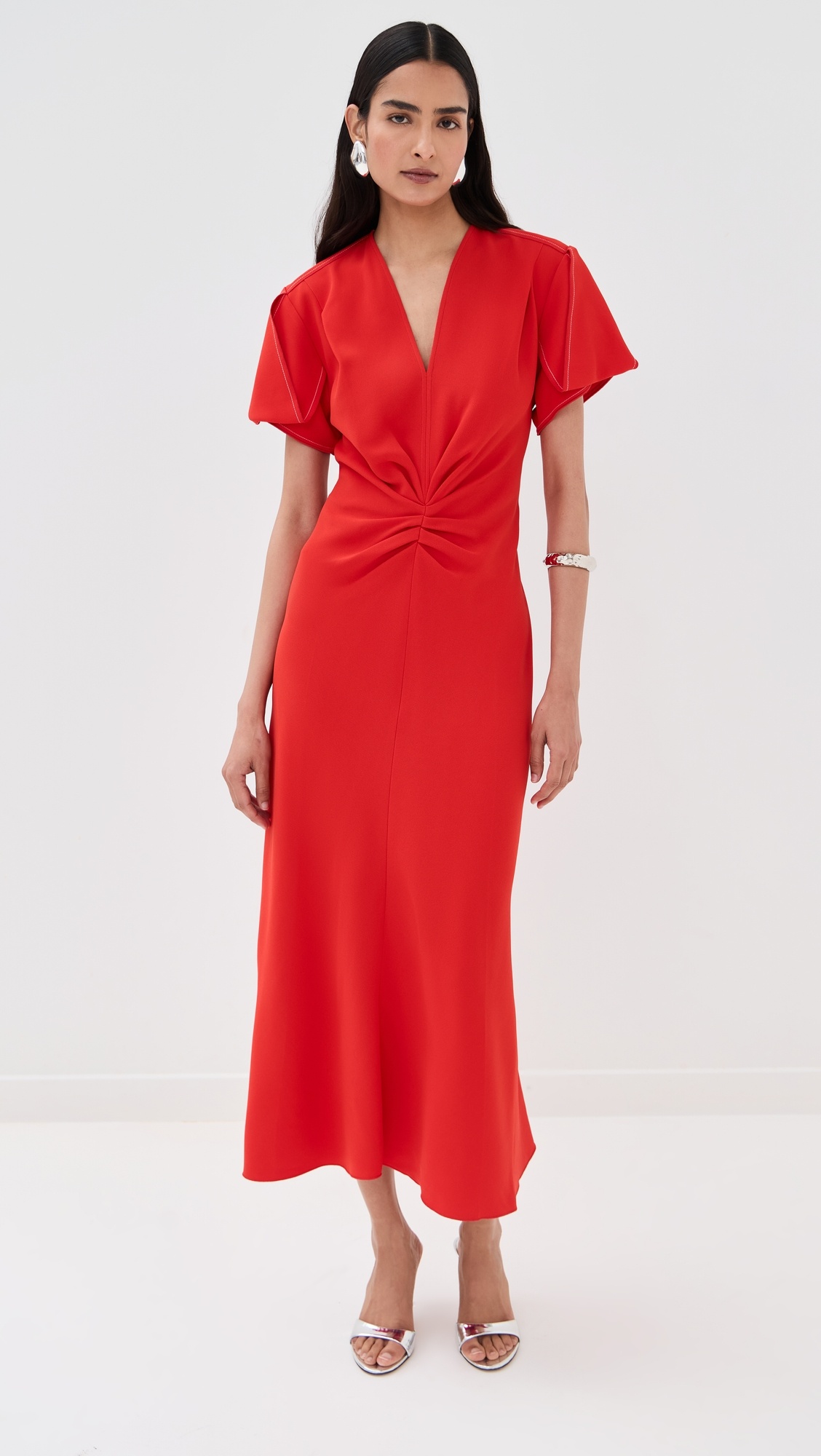 Gathered V Neck Midi Dress - 6