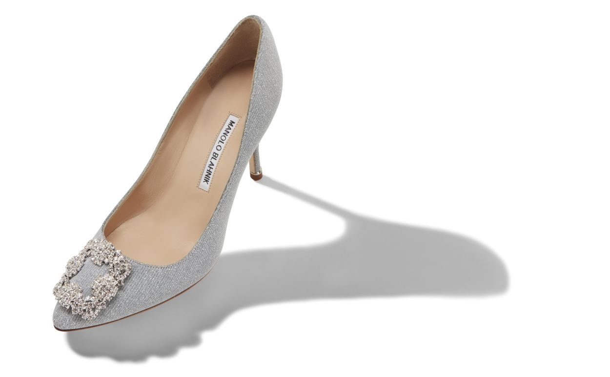 Silver Glitter Fabric Jewel Buckle Pumps - 2