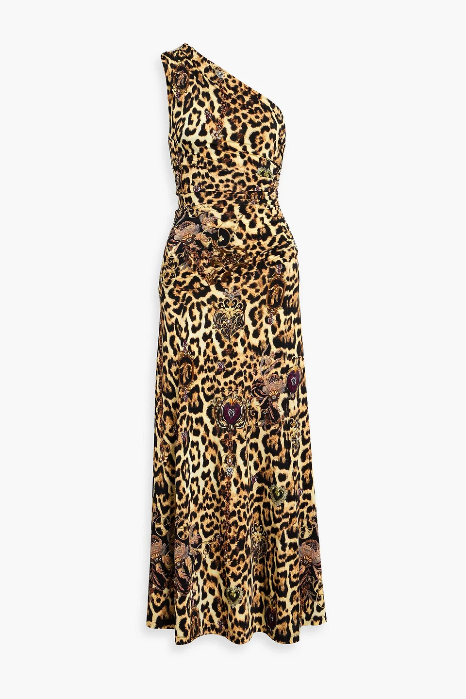 One-shoulder crystal-embellished leopard-print jersey maxi dress - 1