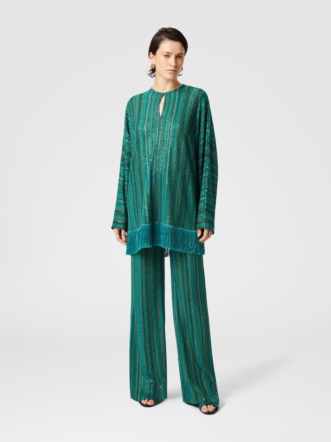 Zigzag long-sleeved blouse with sequins and fringes - 2