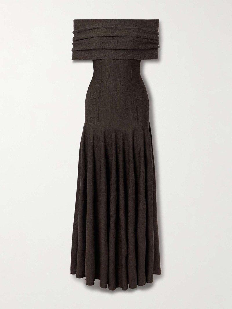 Ava off-the-shoulder pleated wool-blend maxi dress Dark brown - 1