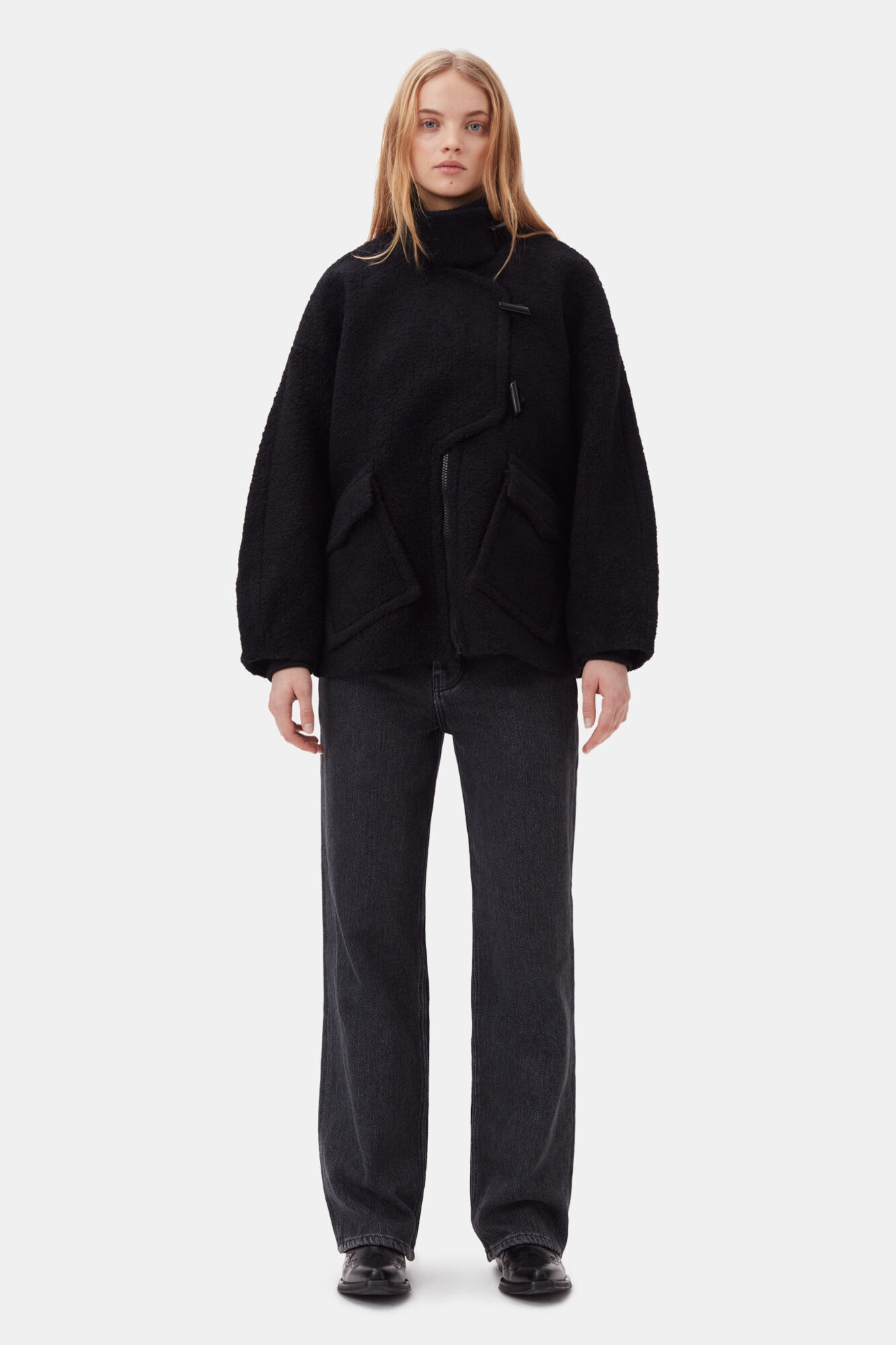 BLACK BOUCLE WOOL SHOULDER JACKET - 3