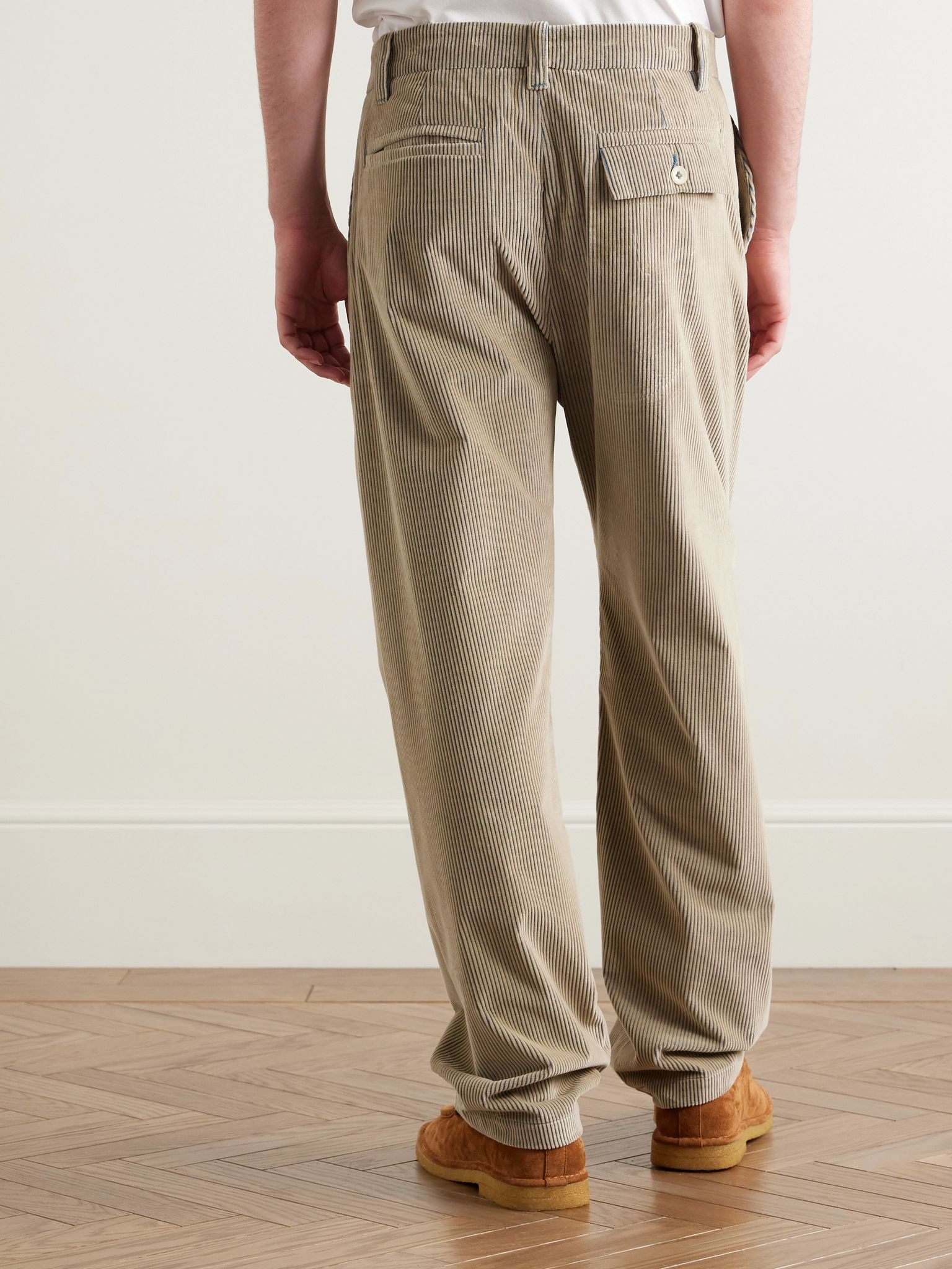 Straight-Leg Pleated Cotton-Corduroy Trousers Beige - 4