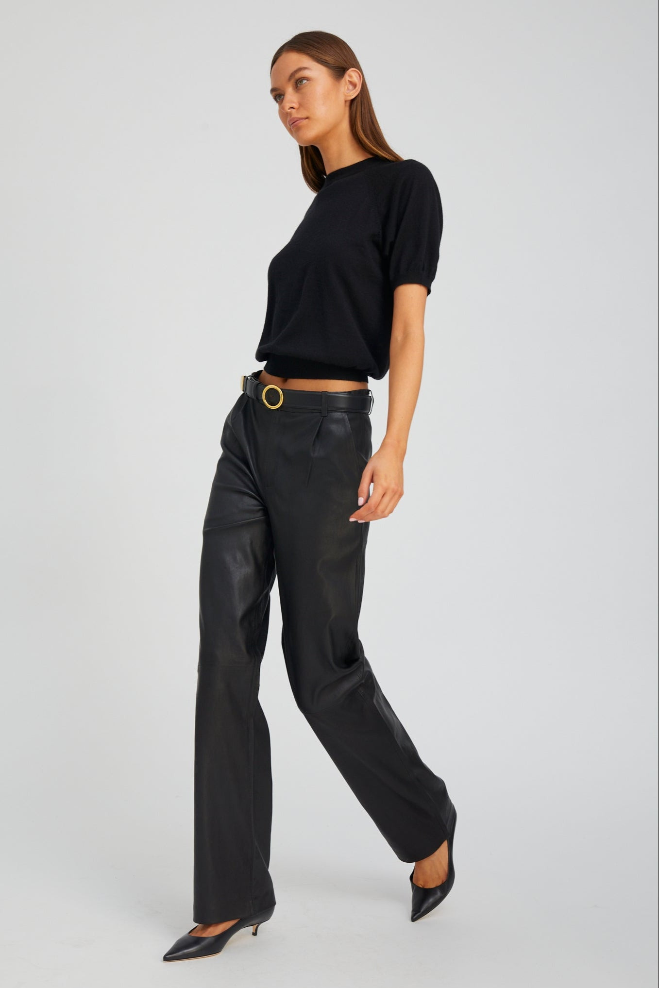 BLACK LEATHER STRAIGHT LEG PLEATED TROUSERS - 2