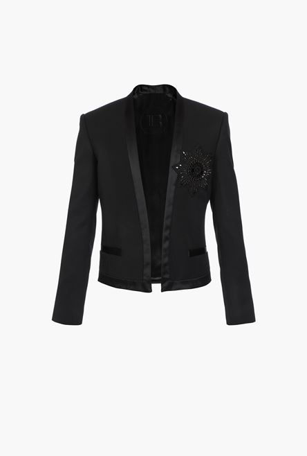 Wool spencer jacket with badge and black satin pointed collar - 1