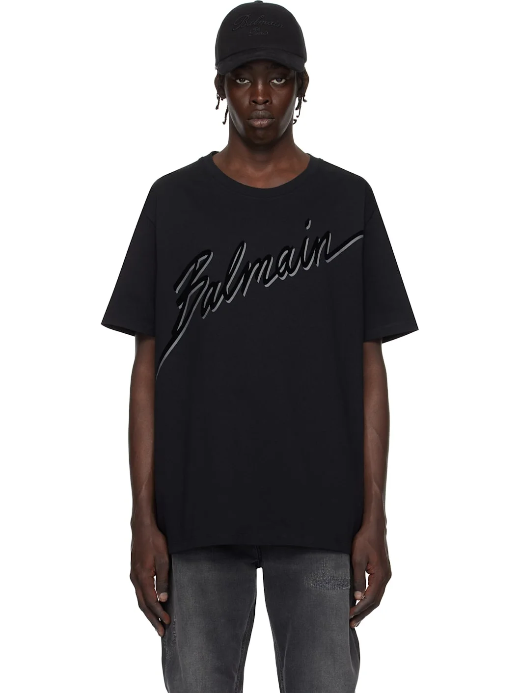 Black Flocked 'Balmain Letter' Logo T-shirt - 1