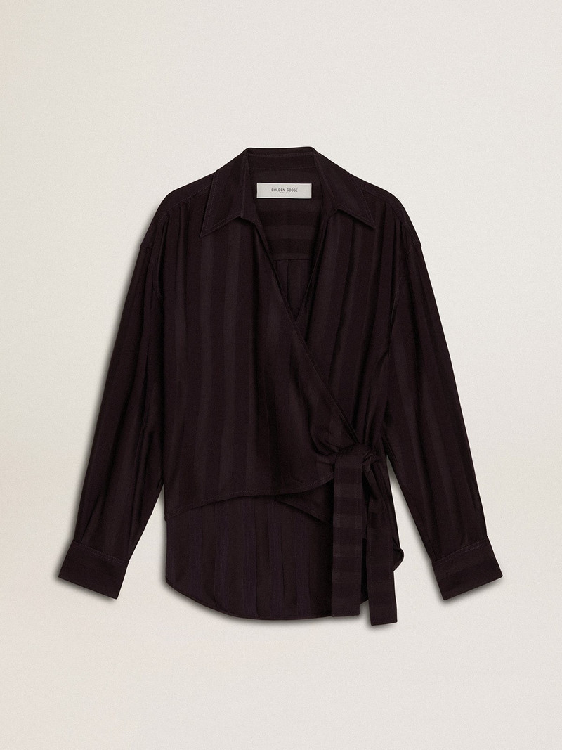 Women's black shirt with vertical stripes and side knot closure 1