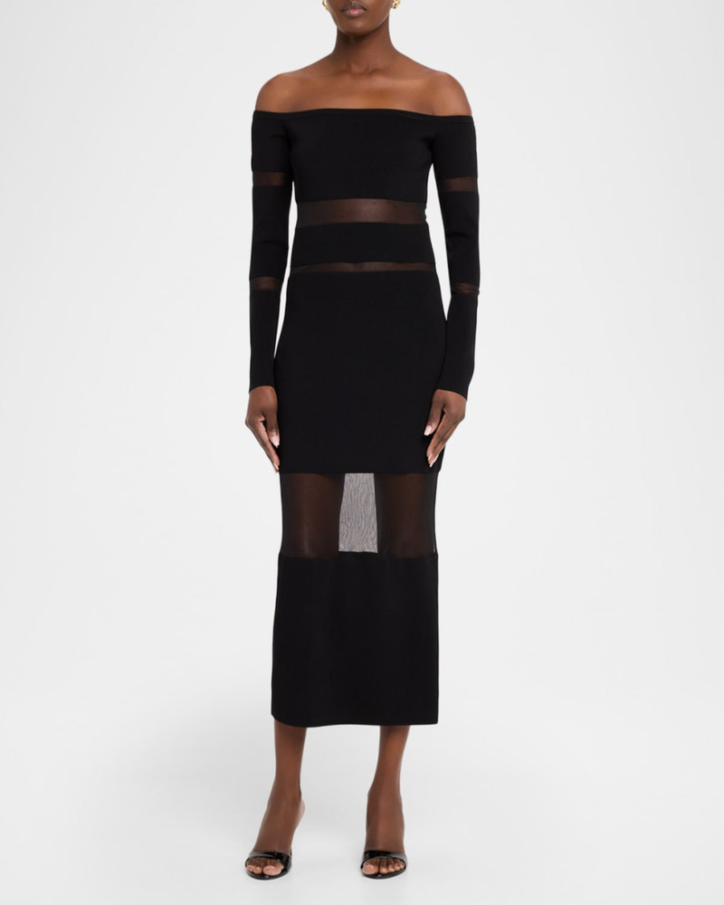 LAPOINTE Off-The-Shoulder Sheer Striped Matte Viscose Midi Dress outlook
