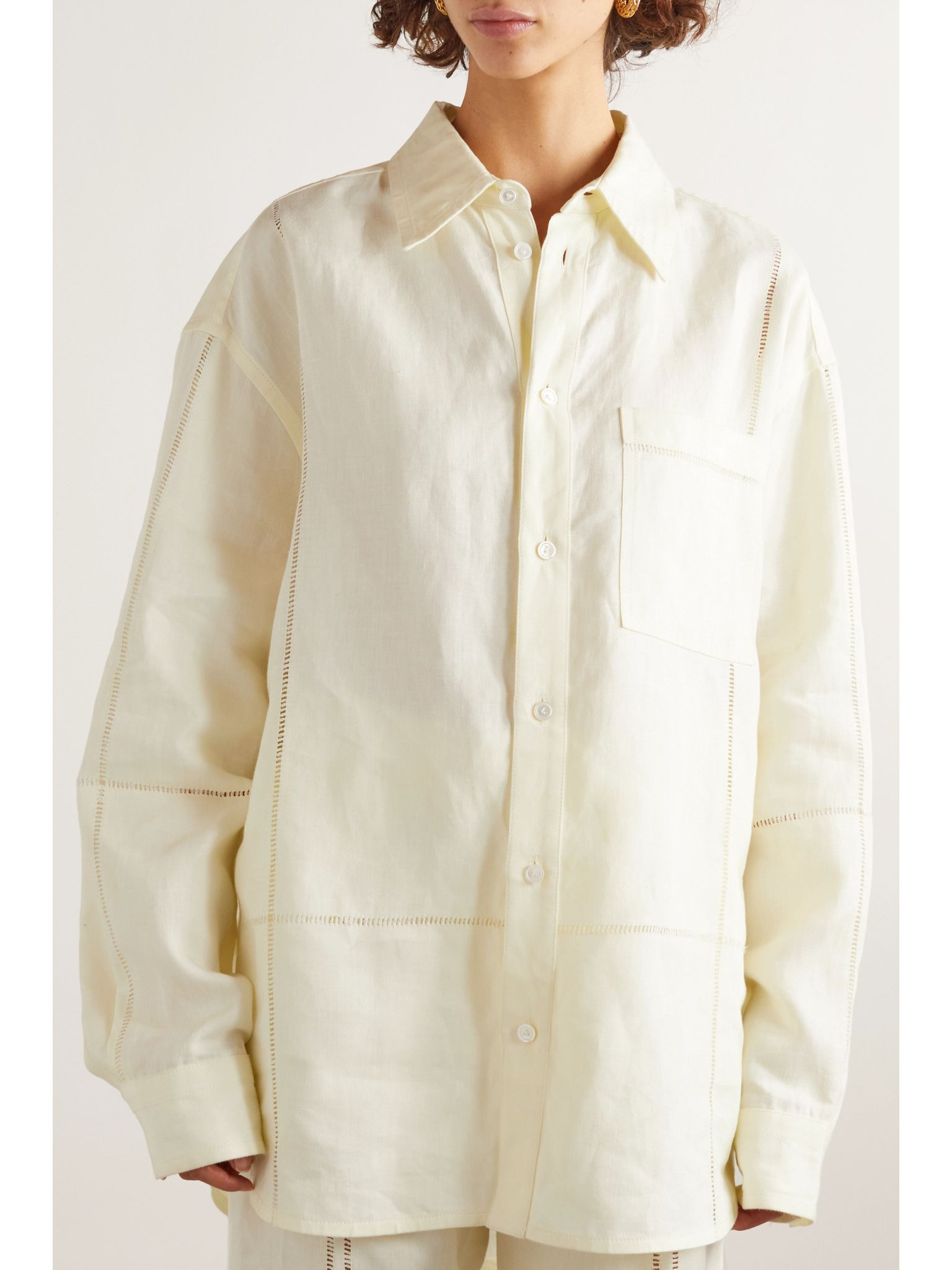 Embroidered linen shirt Ivory - 3