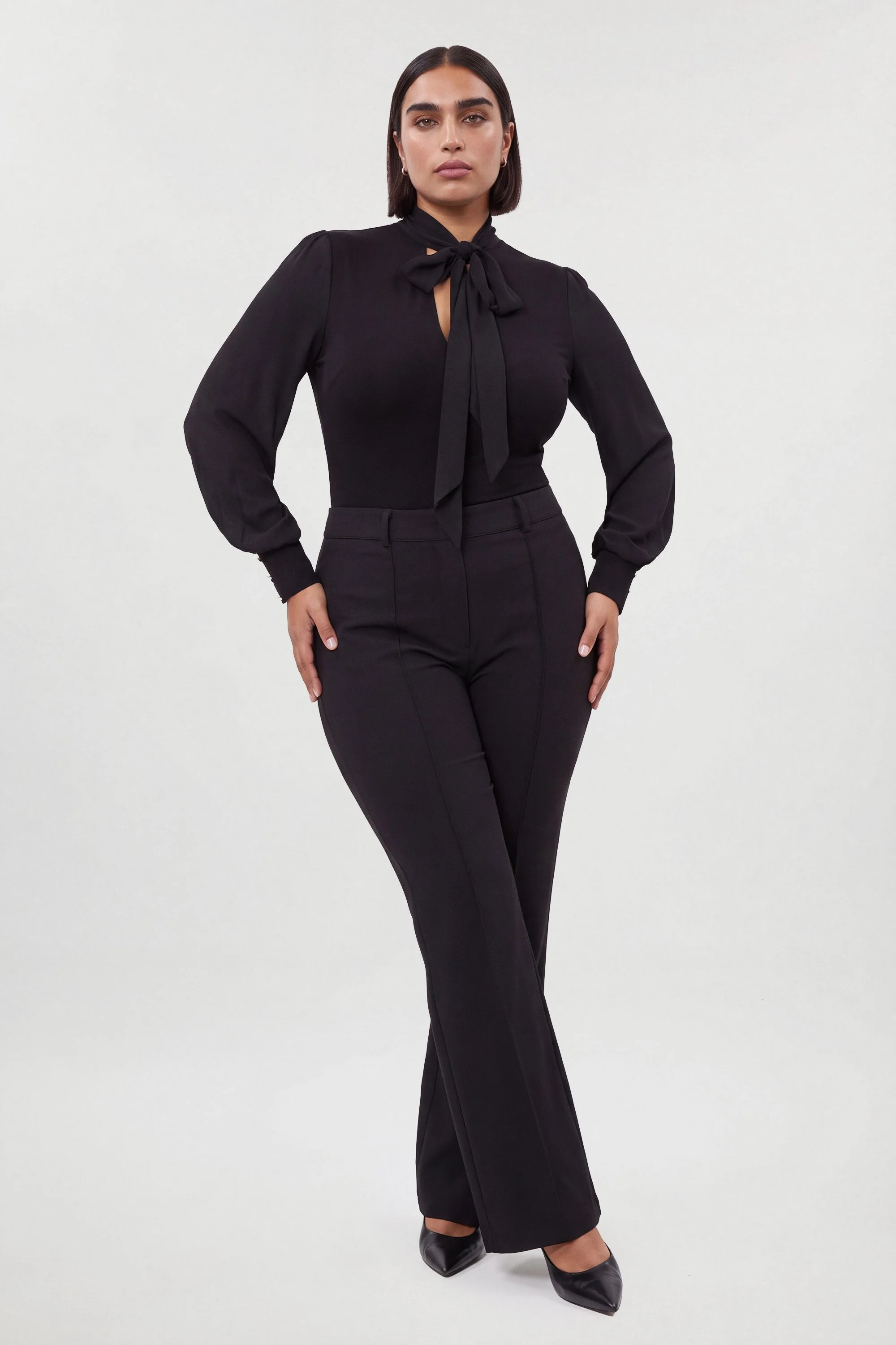 Plus Size Forever Jersey Ponte And Georgette Mix Tie Neck Long Sleeve Bodysuit - 1