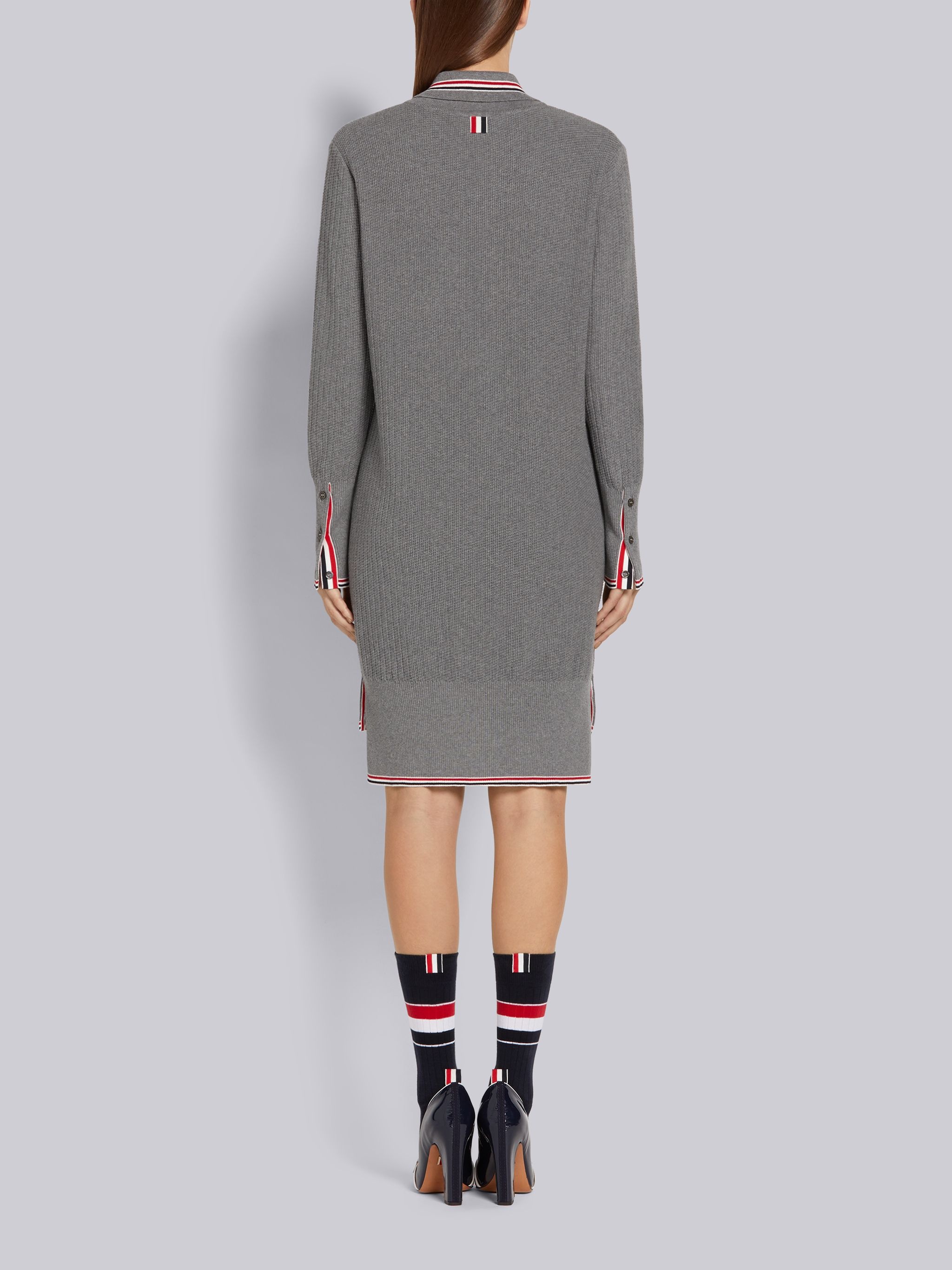 Light Grey Overtwisted Cotton Textured Stitch Stripe Long-sleeved Polo Dress - 3