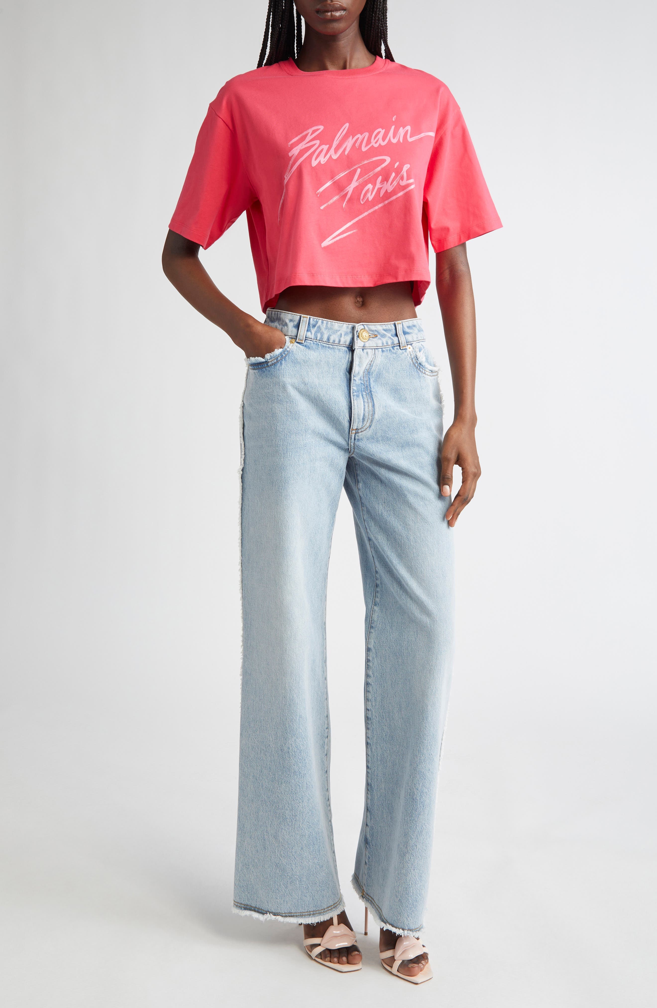 Balmain Baseball Logo Crop Graphic T-Shirt in Fuschia/Multi at Nordstrom - 2
