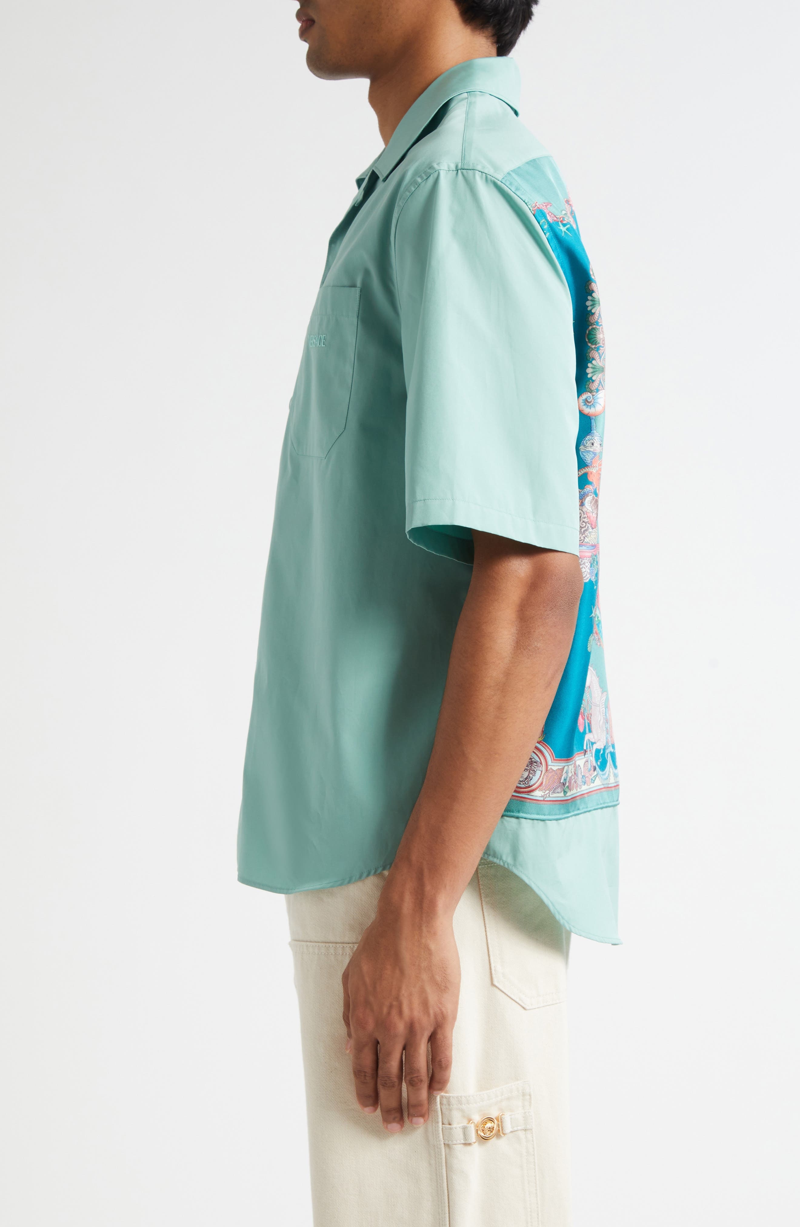 Versace Coral Theater Cotton Poplin & Silk Camp Shirt in Sea Green Dark Sea Green at Nordstrom - 4