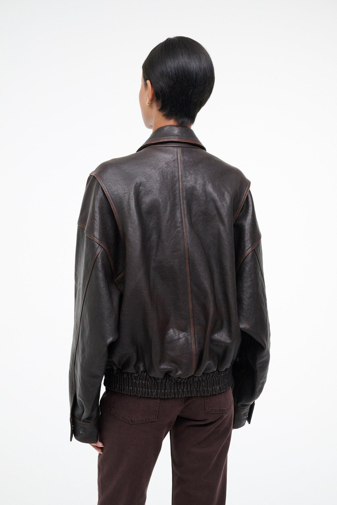 STAUD EUGENE LEATHER JACKET DISTRESSED BROWN - 5