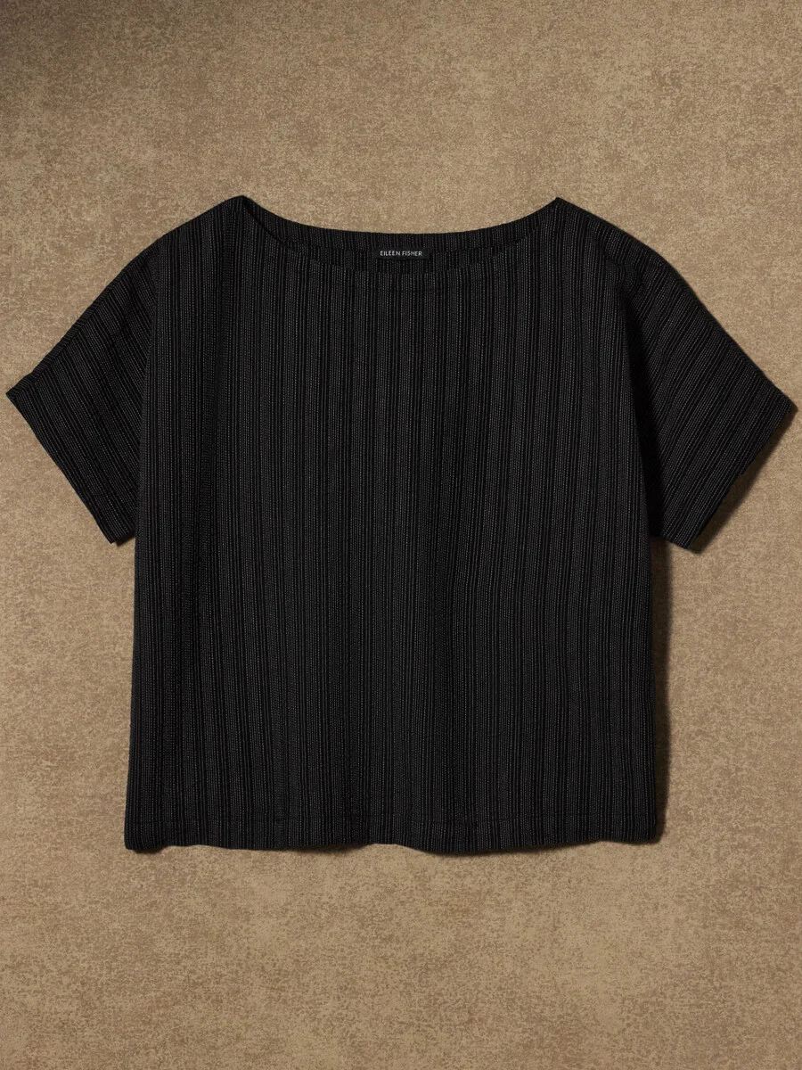 Cotton Blend Stripe Stitch Bateau Neck Top - 1