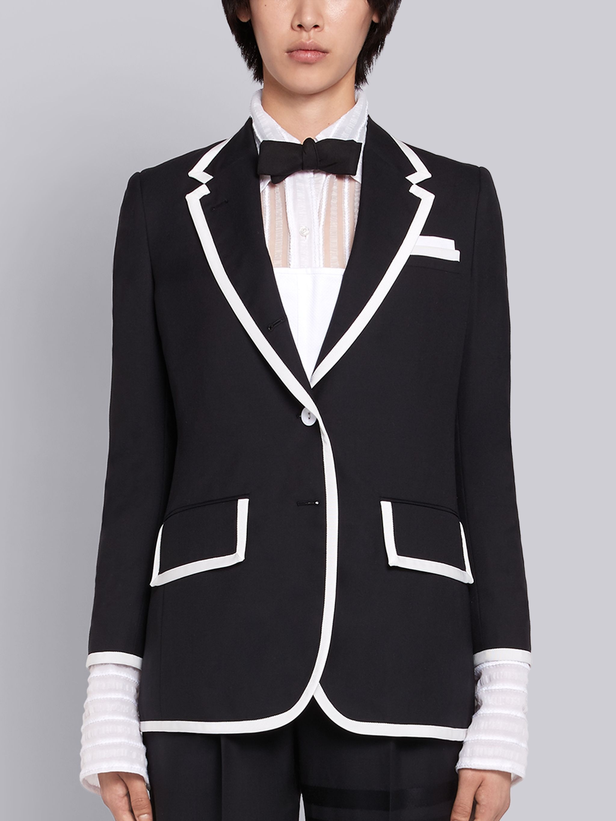 Black Super 120s Plain Weave Wide Lapel Jacket - 1