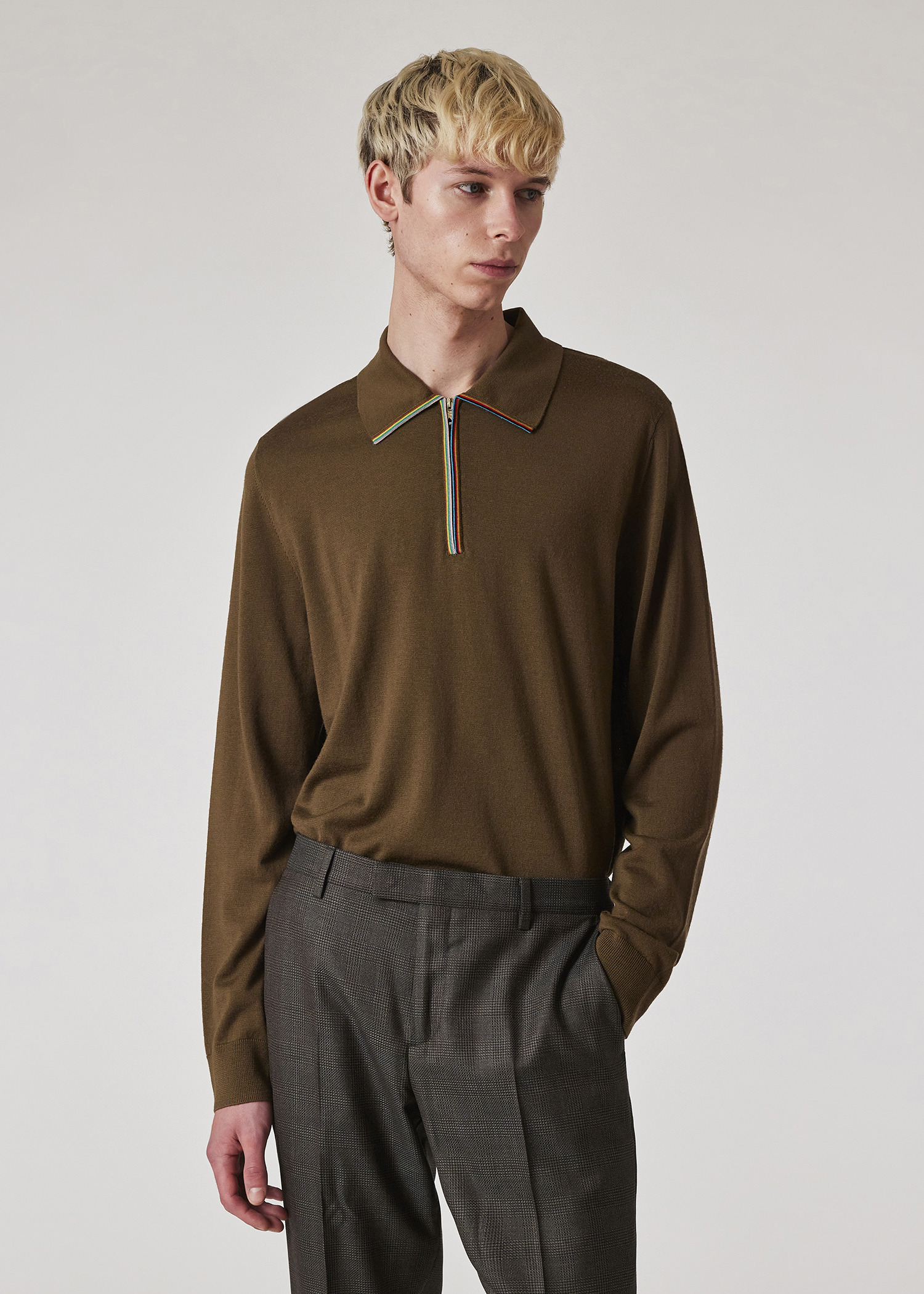 Dark Khaki 'Signature Stripe' Zip Trim Washable Merino Wool Polo Shirt - 4