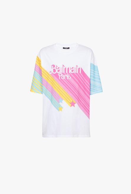 Balmain x Barbie - Oversized multicolor eco-designed cotton T-shirt with pink Balmain logo print - 1