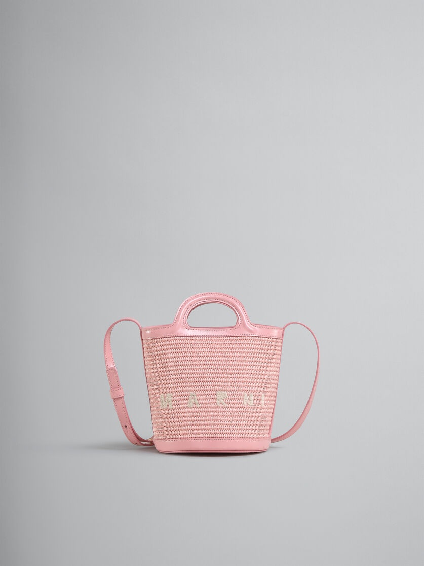 TROPICALIA SMALL BUCKET BAG IN PINK LEATHER AND RAFFIA-EFFECT FABRIC - 1