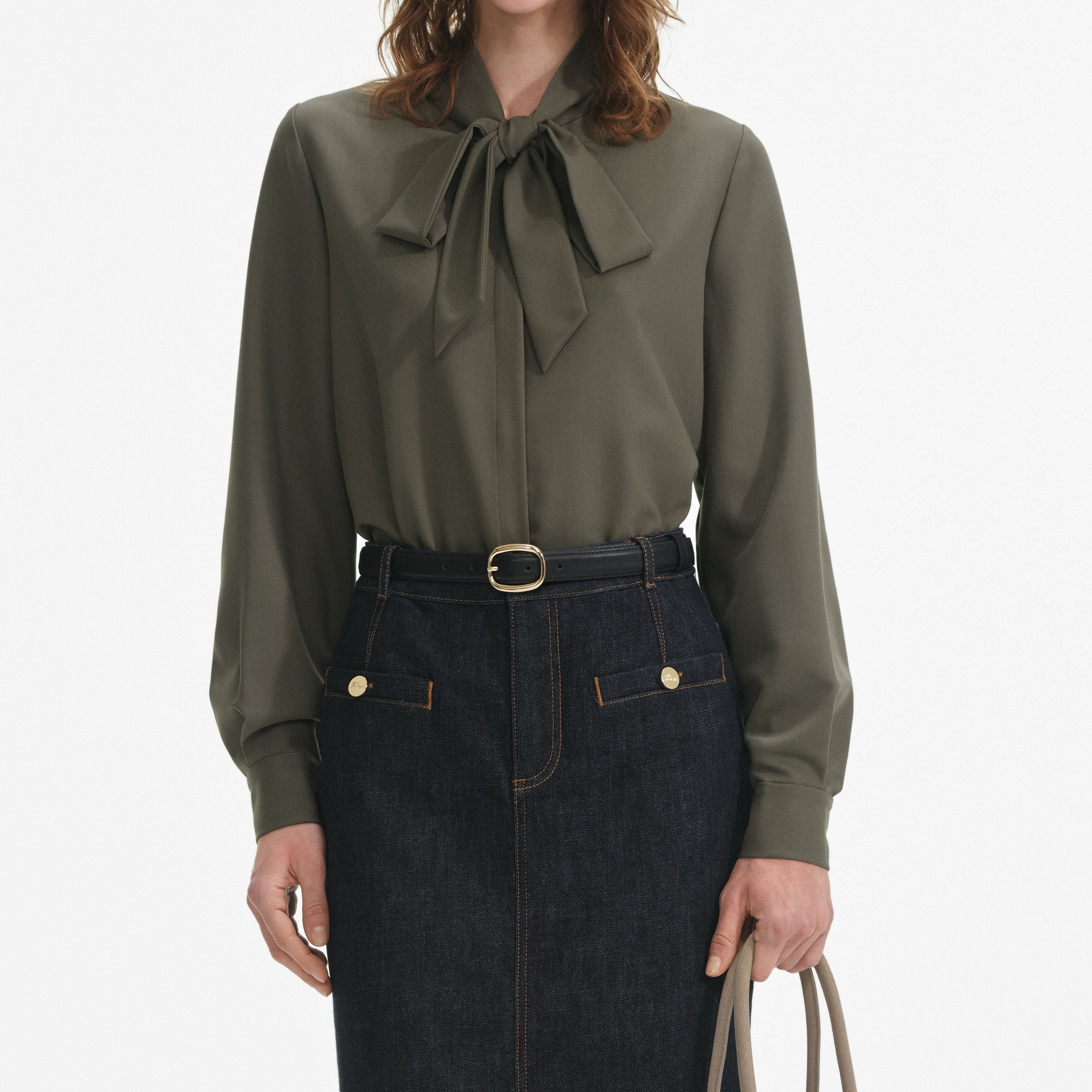 Khaki Twill Pussy Bow Blouse - 4