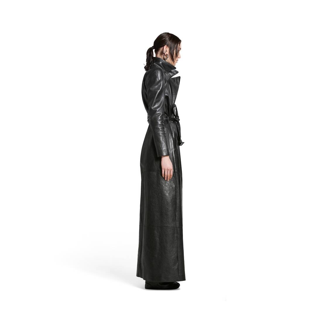Women's Round Shoulder Maxi Trench Coat in Black - 3