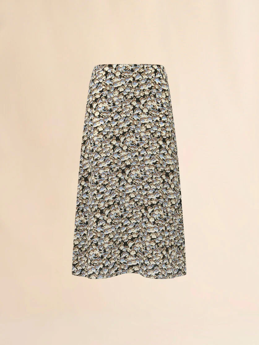 BLACK CRÊPE DE CHINE FLUID SKIRT WITH ANEMONES PRINT - 1