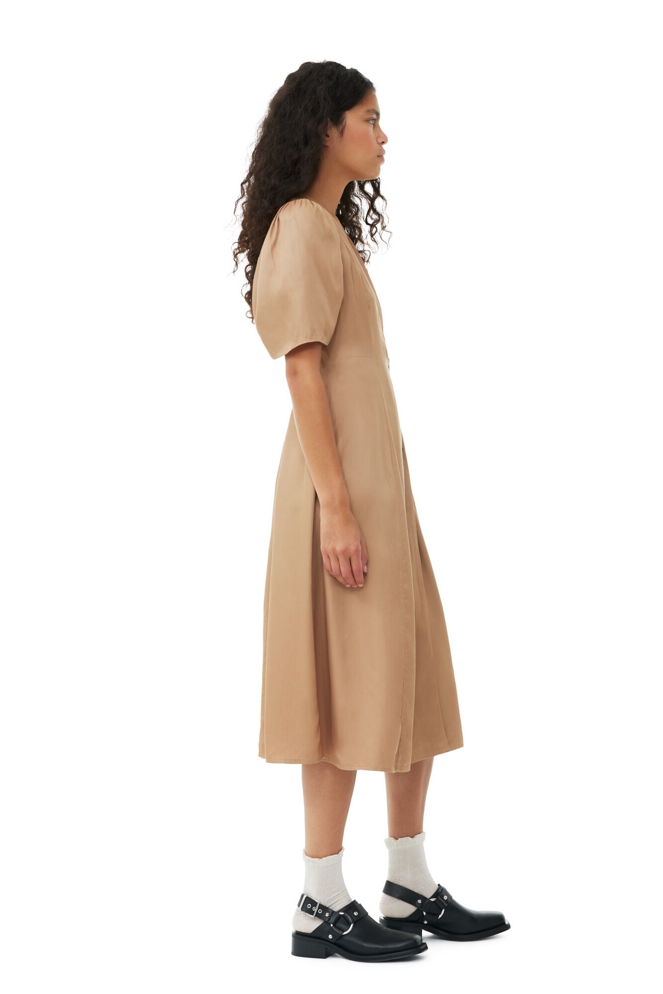 BROWN VISCOSE TWILL WRAP MIDI DRESS - 4