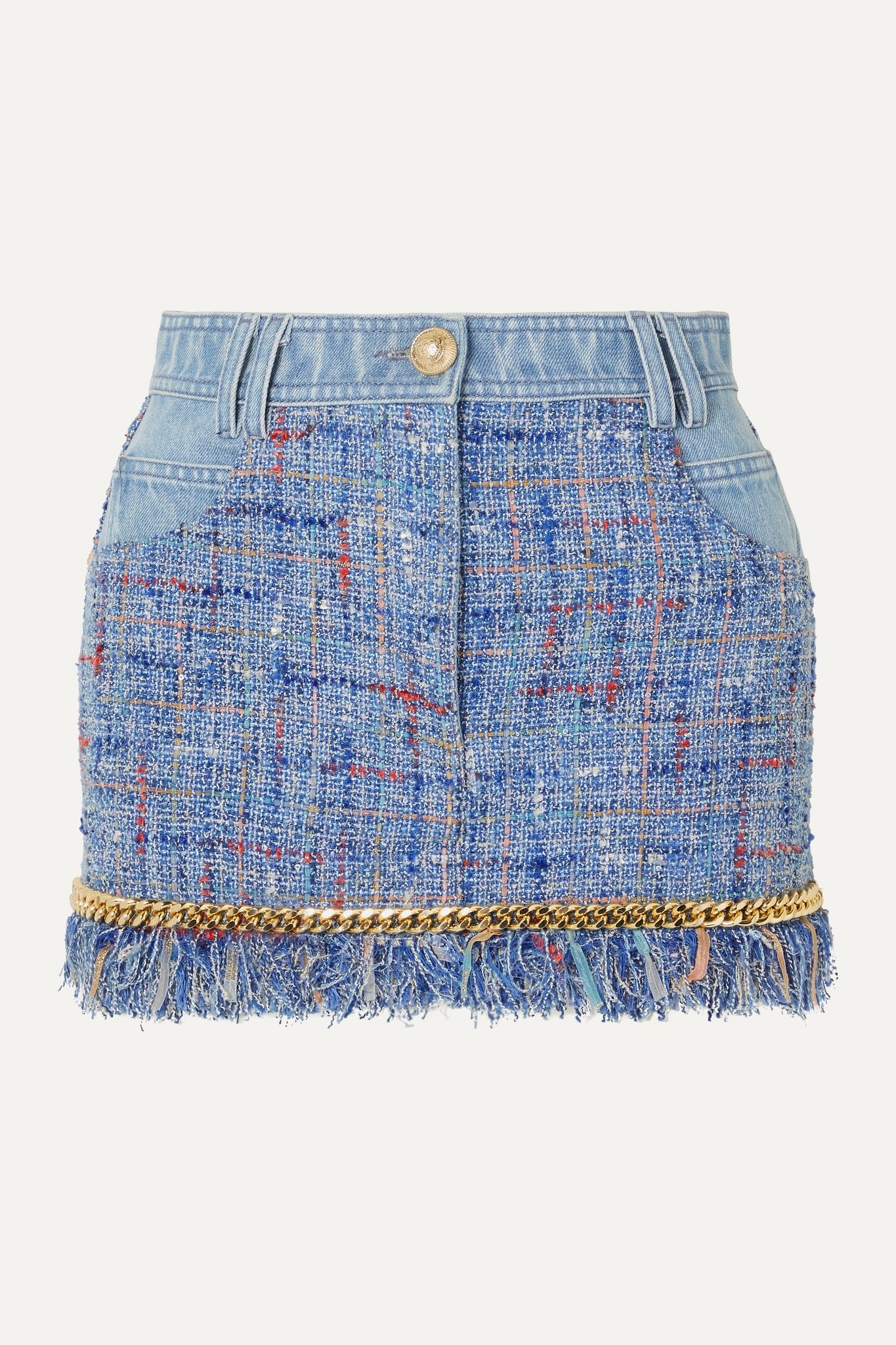 Chain-embellished cotton-tweed and denim mini skirt - 1