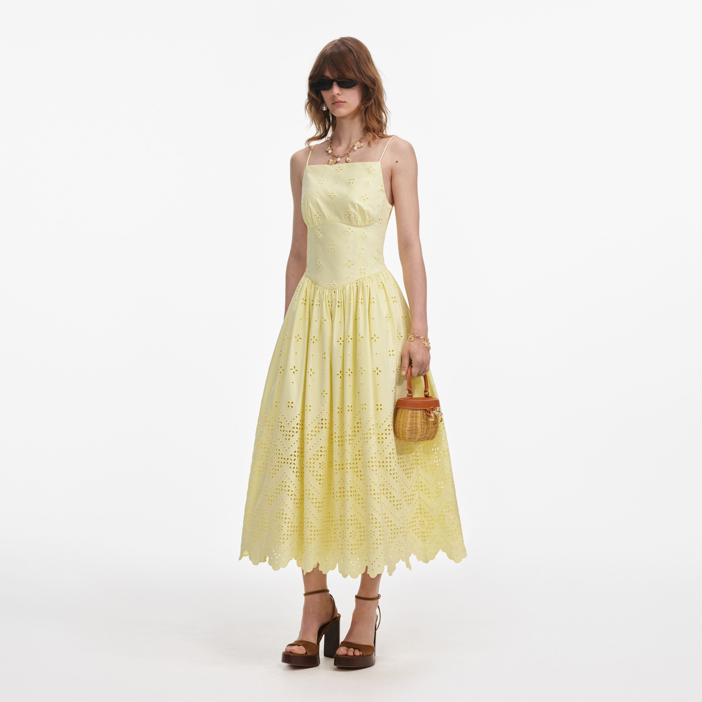 Yellow Cotton Broderie Midi Dress - 2