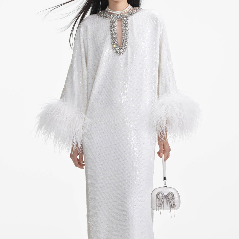 White Sequin Feather Maxi Dress 4