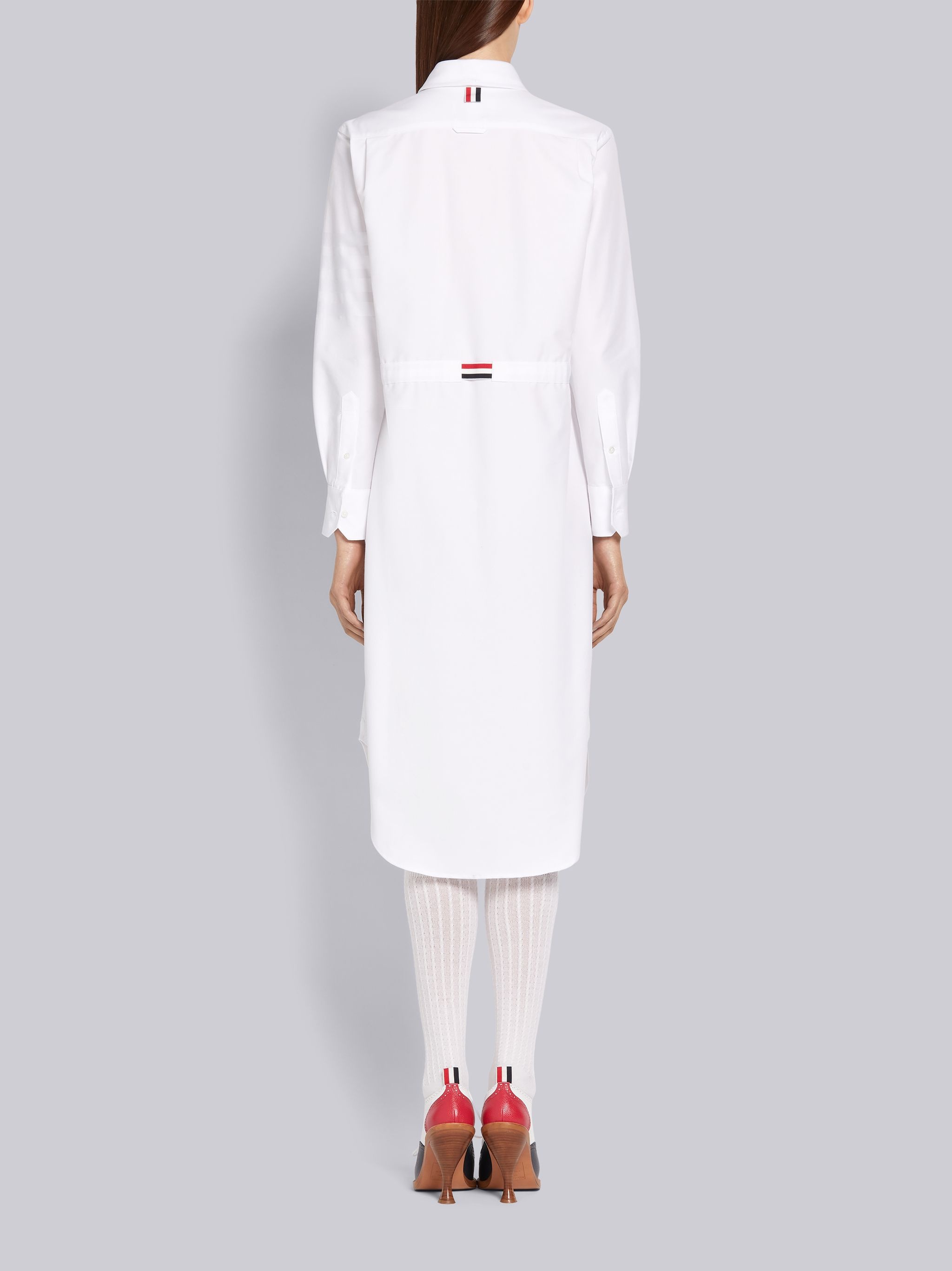 White Cotton Oxford Grosgrain Belt Long Sleeve Below the Knee Tonal 4-Bar Shirtdress - 3