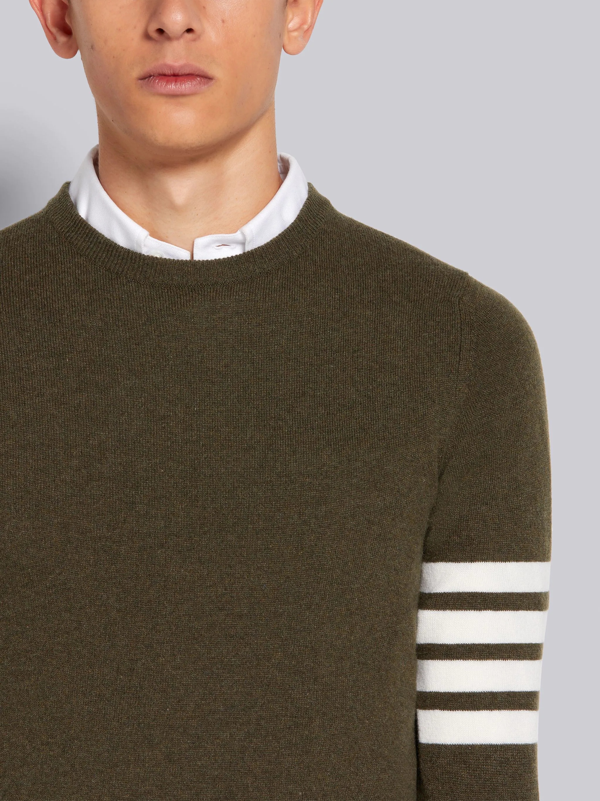 Dark Green Cashmere 4-Bar Stripe Classic Crew Neck Pullover - 5