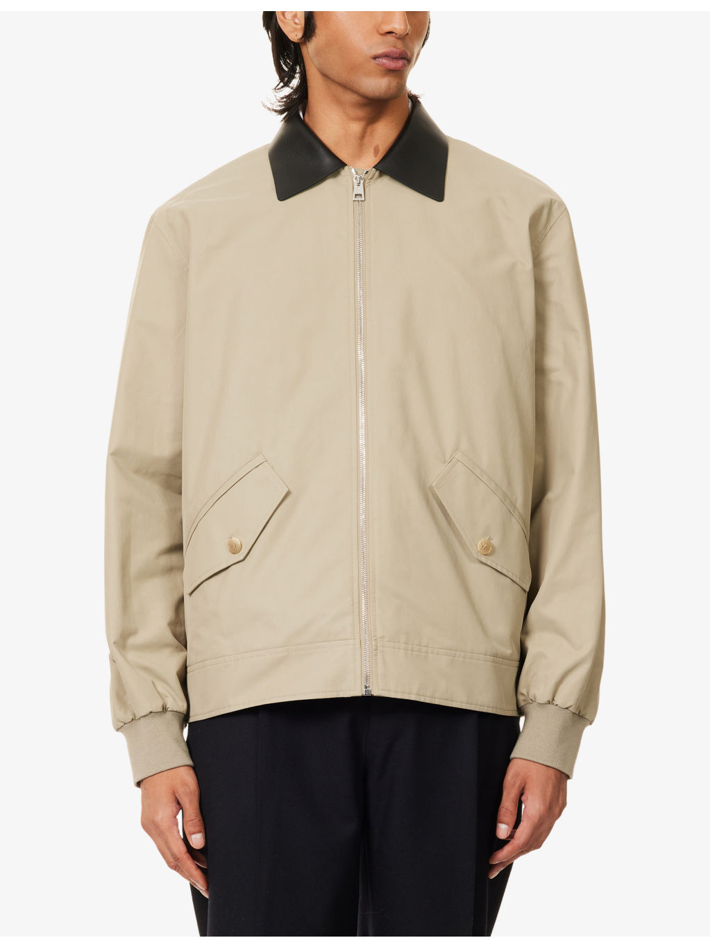 Leather-Collar Cotton-Blend Harrington Jacket - 3