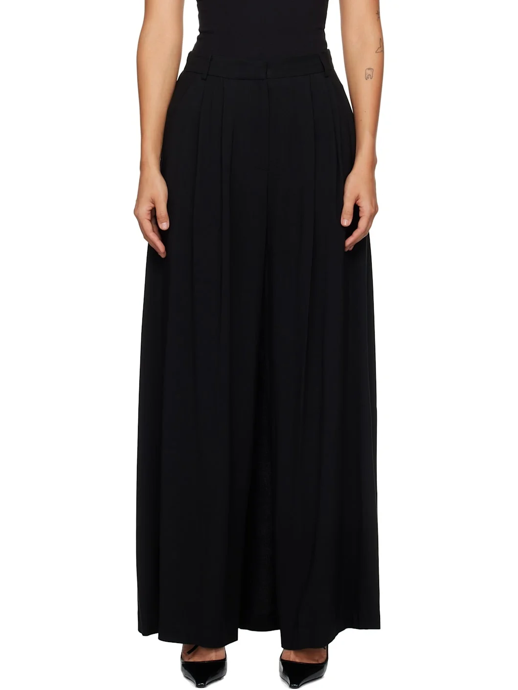 Black Pleats Front Wide Skort - 1