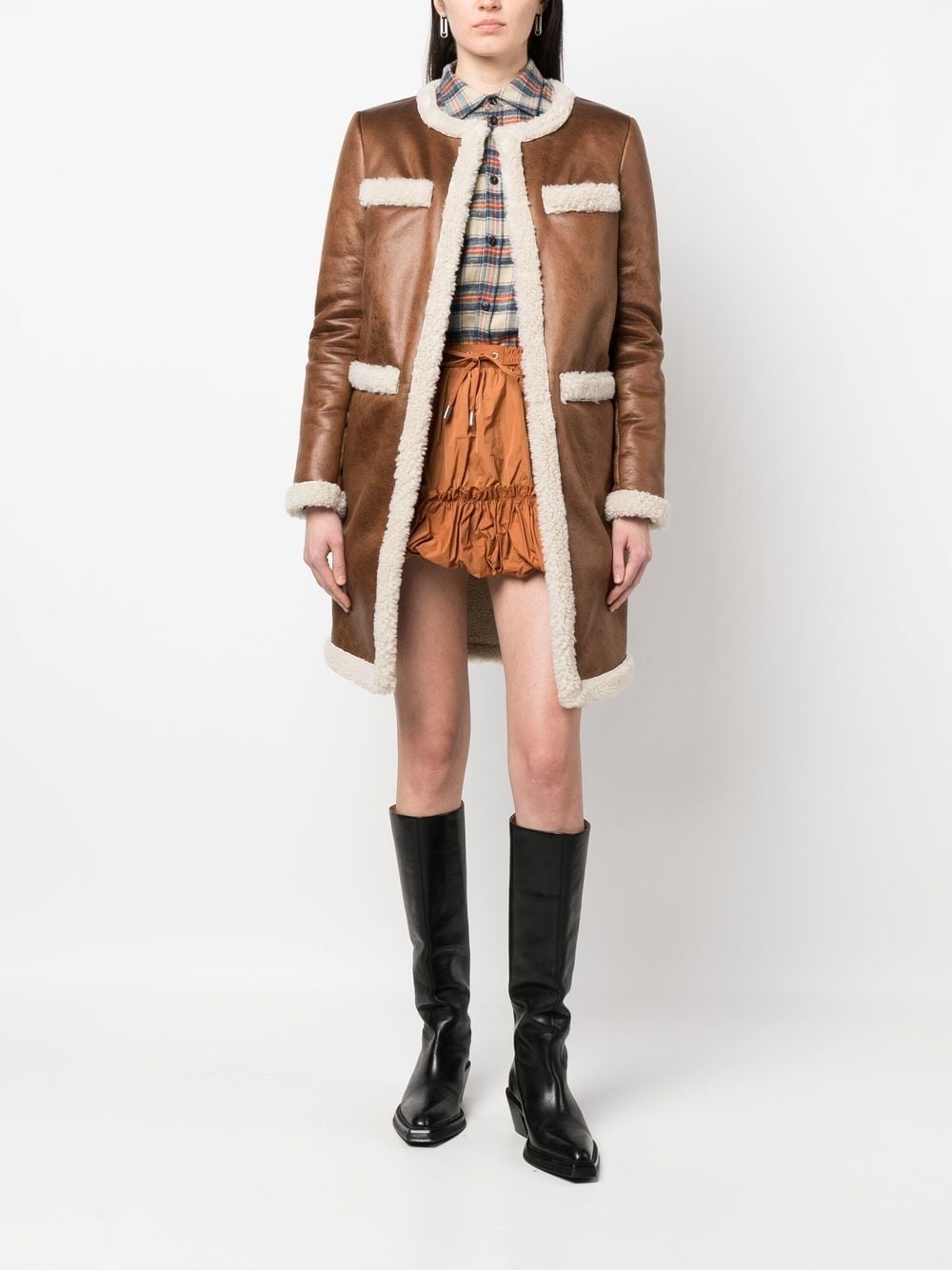 faux-shearling collarless coat - 2