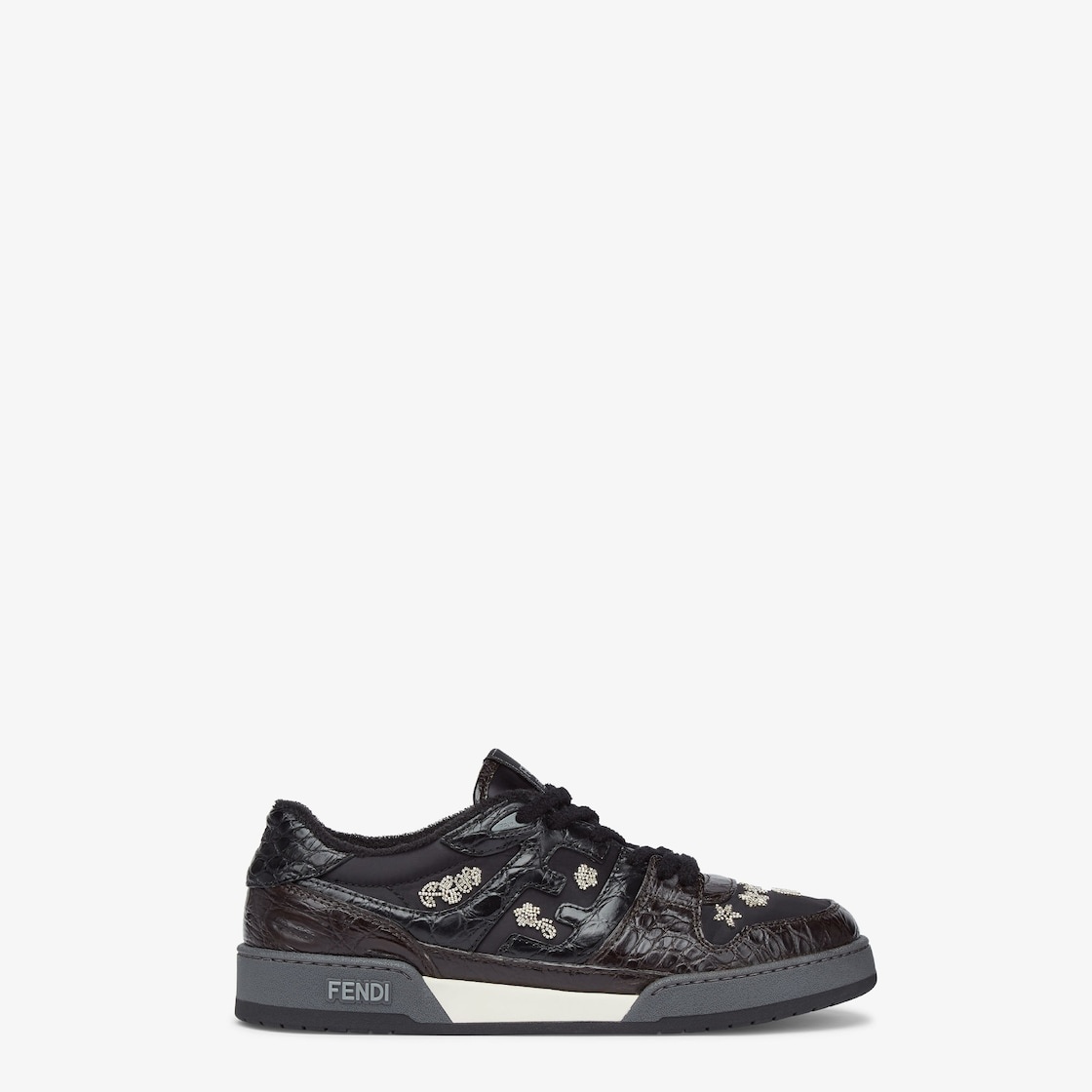 Fendi Match lace-up sneakers. Made of dark brown caiman with black nylon details. Embellished with b - 1