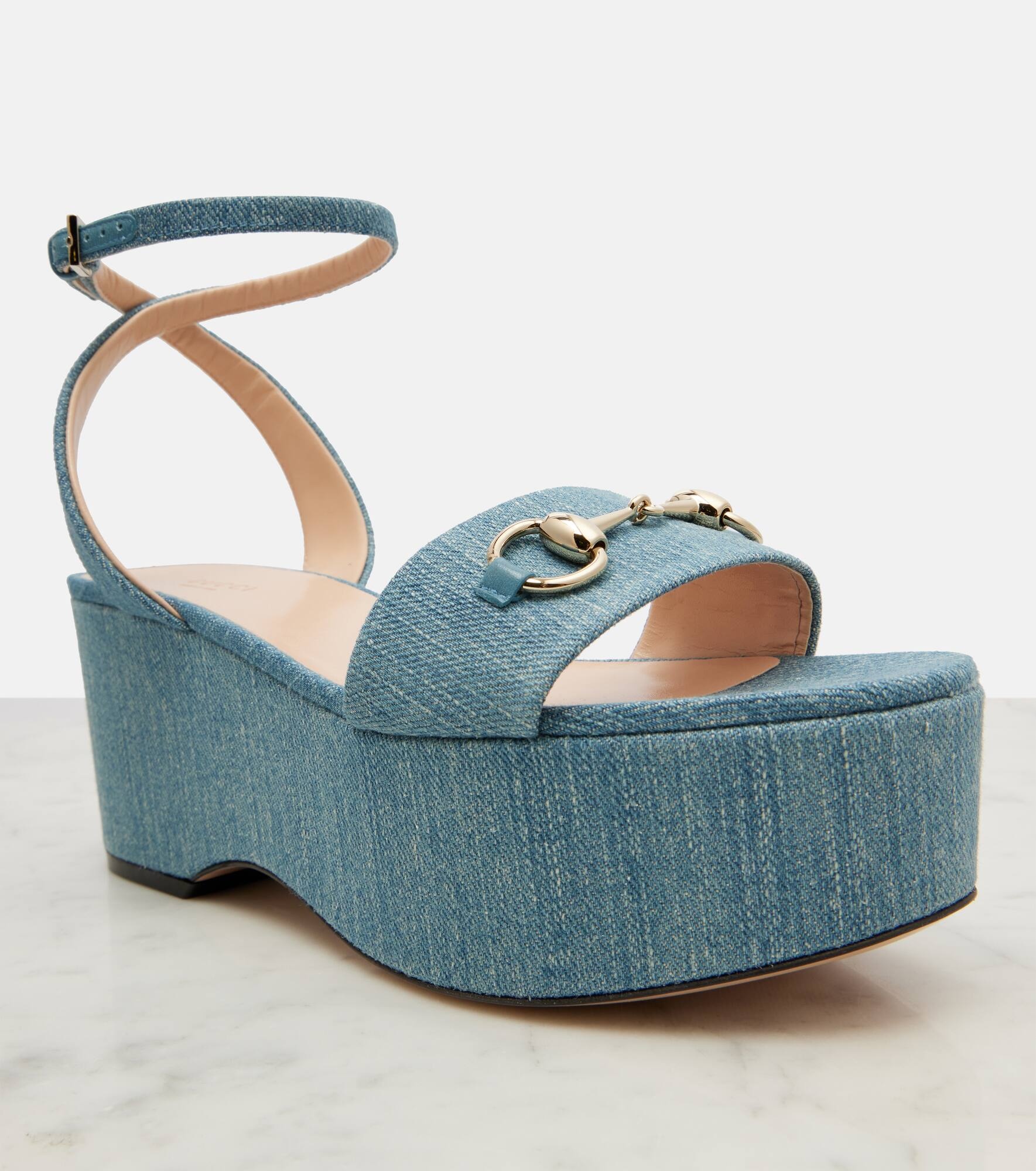 Horsebit denim platform sandals - 5