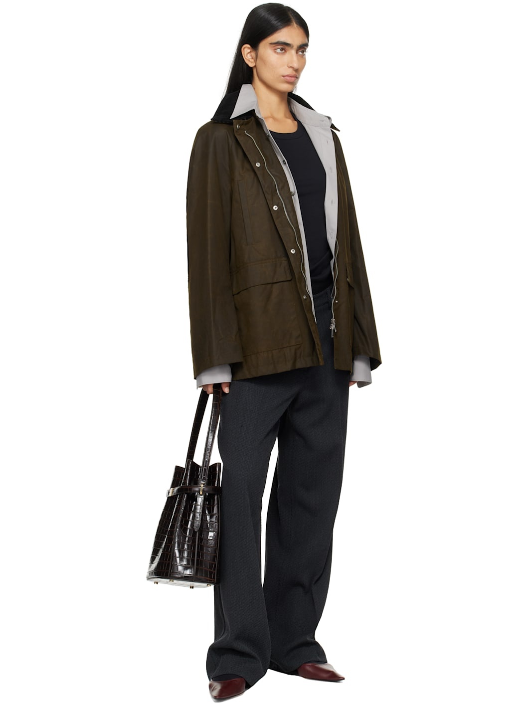Brown Belted Croco-Embossed Bucket Bag - 4