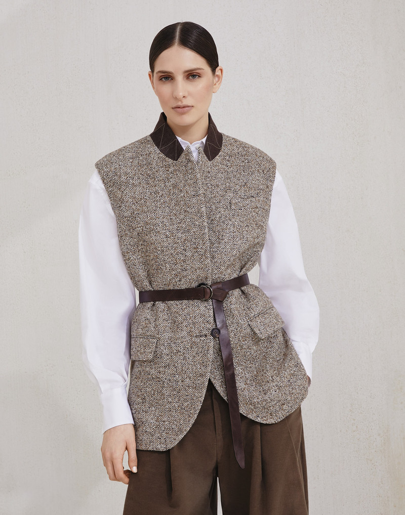 Flecked virgin wool and silk chevron vest with leather belt and monili 1