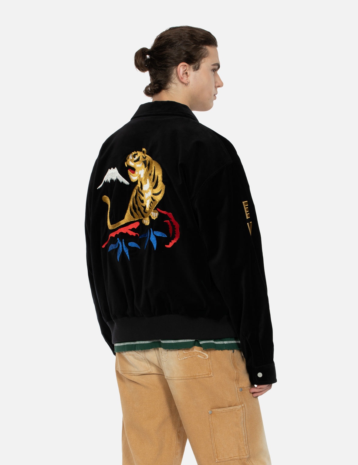 TIGER AND LOGO EMBROIDERY OVERSIZED VELVET BOMBER JACKET - 7