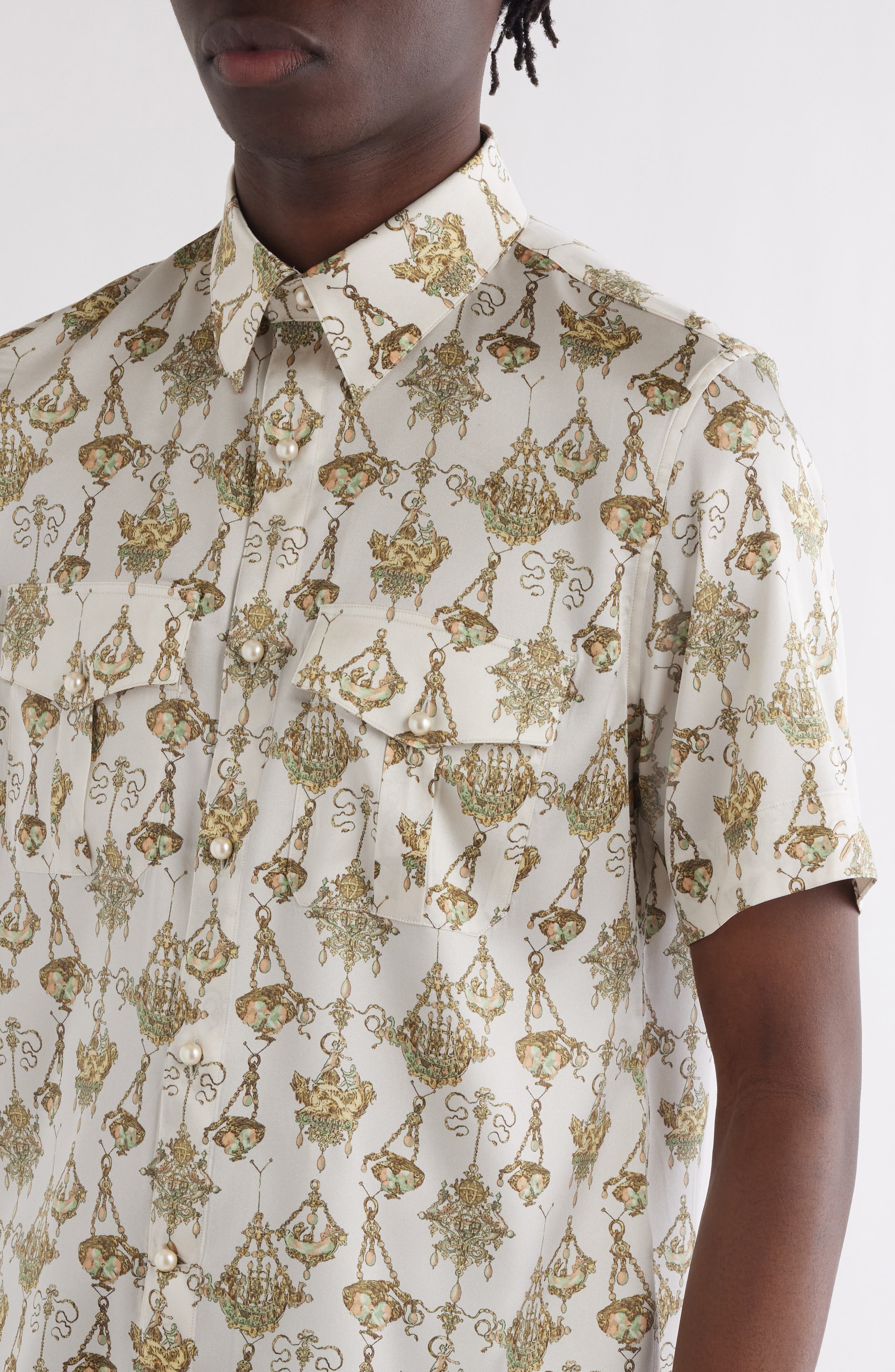 Givenchy Military Slim Fit Short Sleeve Stretch Silk Button-Up Shirt in Cream/Ochre at Nordstrom - 5