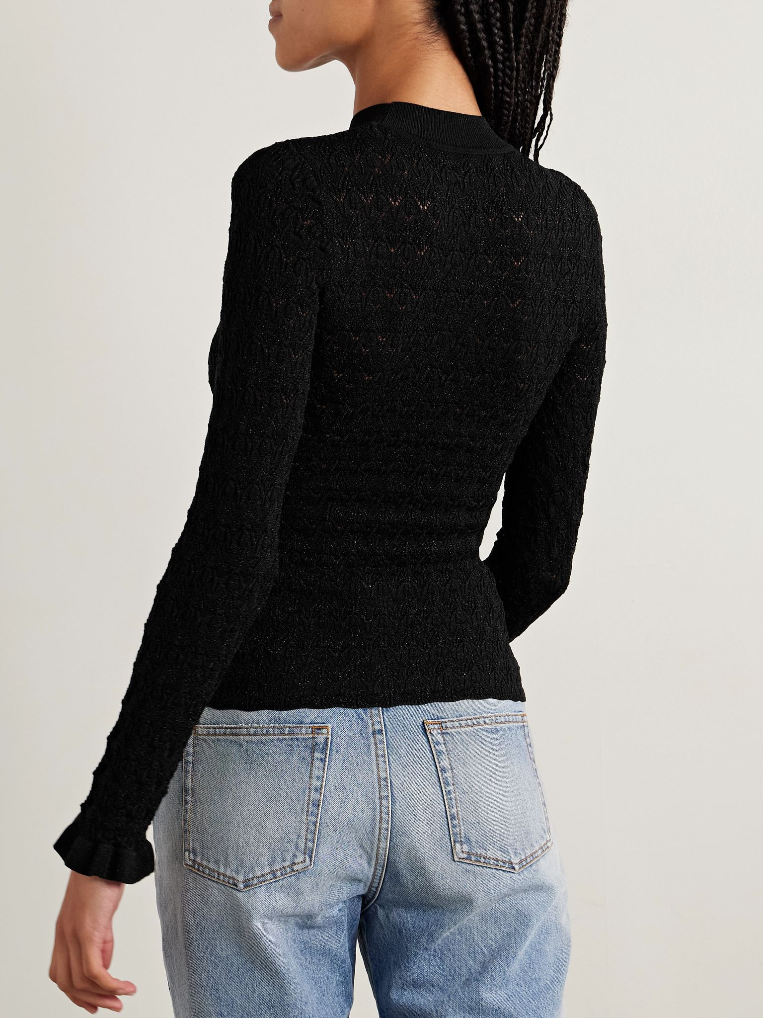 Ruby ruffled metallic pointelle-knit top Black - 3