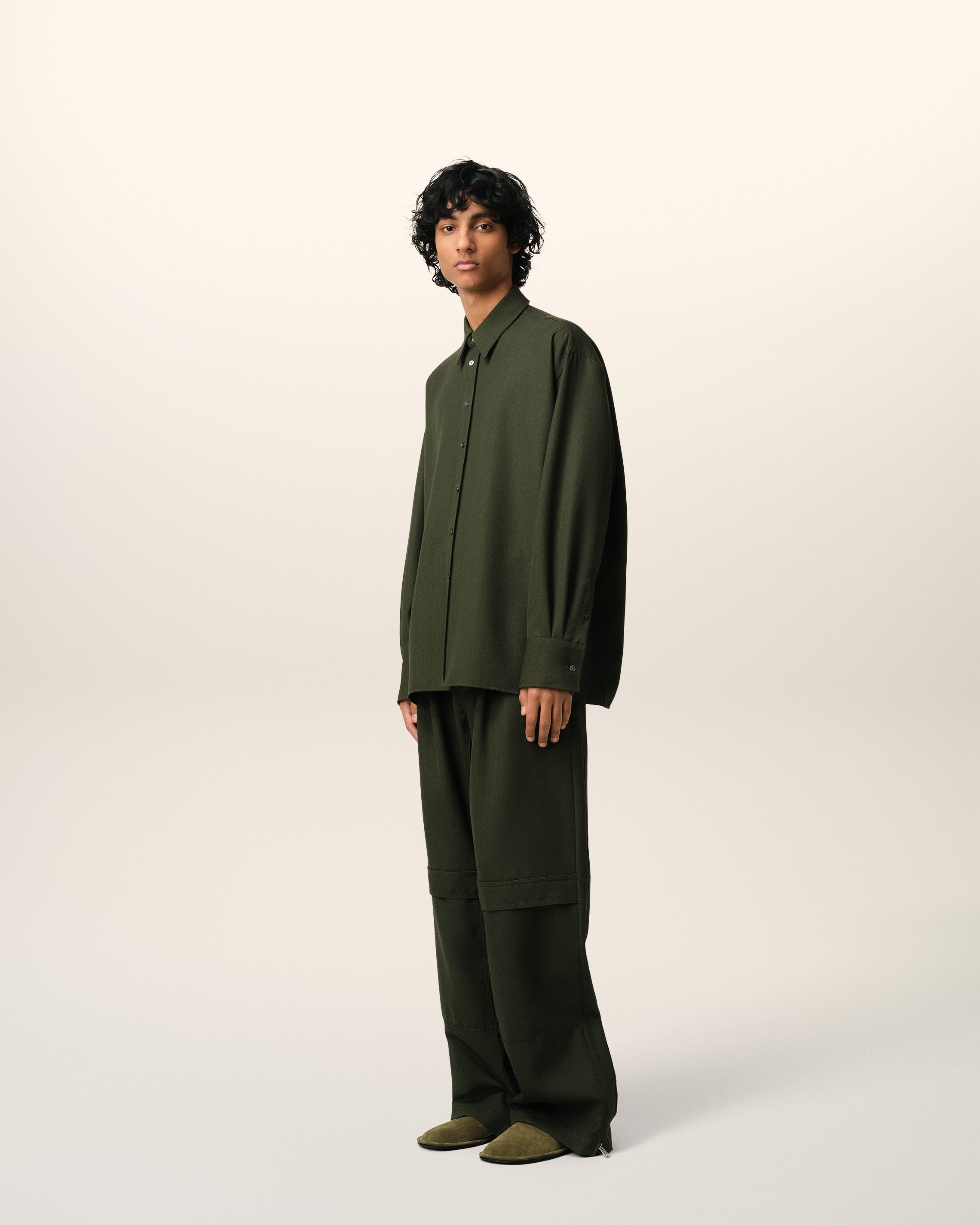 GREEN WOOL BACK SLIT LOOSE SHIRT - 6