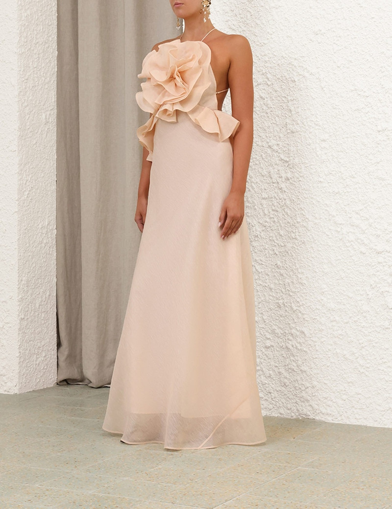 slim fit dress slacks Elyria 3D Ruffle Halter Maxi Dress White main image 0