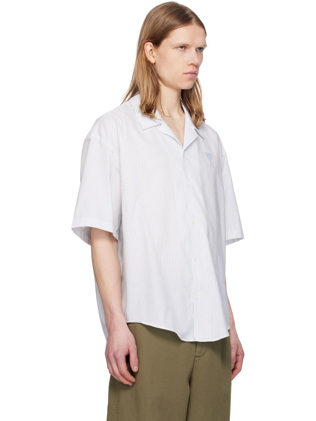 White & Blue Cotton Camp Collar Short Sleeves Shirt - 2