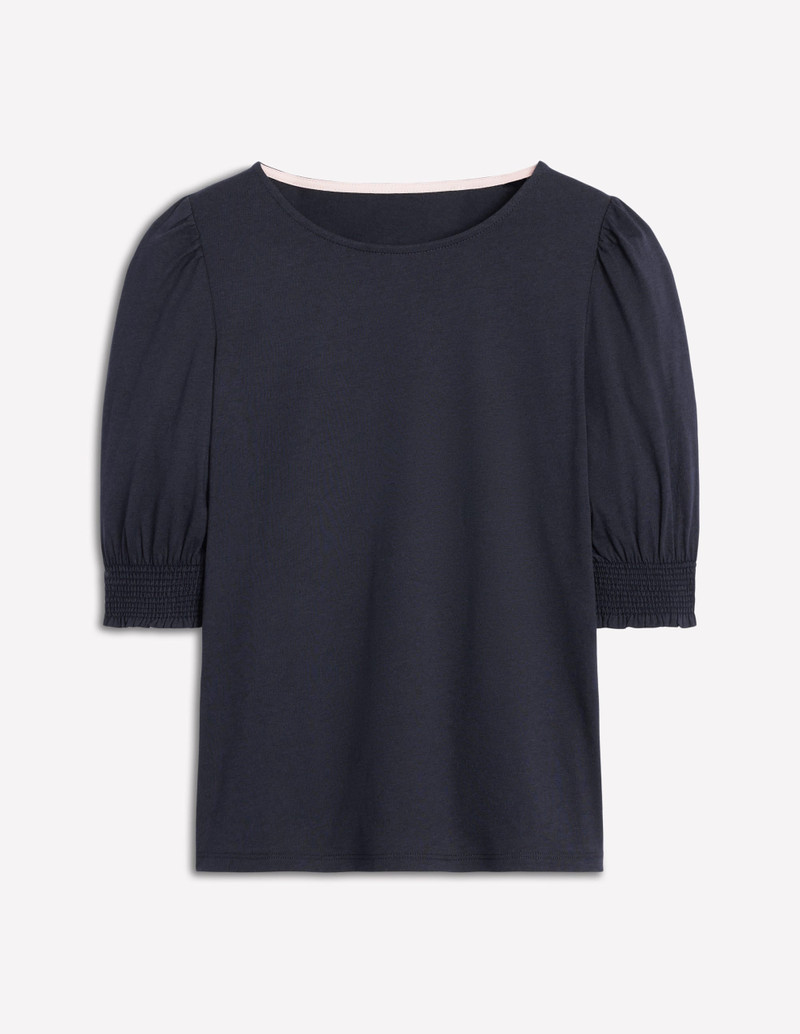 Short Sleeve Smocked Cuff Top-Navy 1