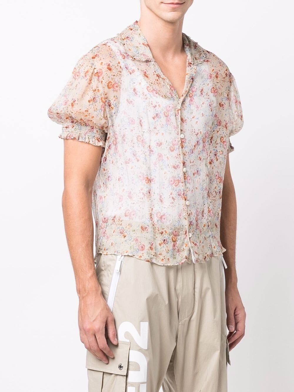 sheer puff-sleeve floral-print shirt - 3