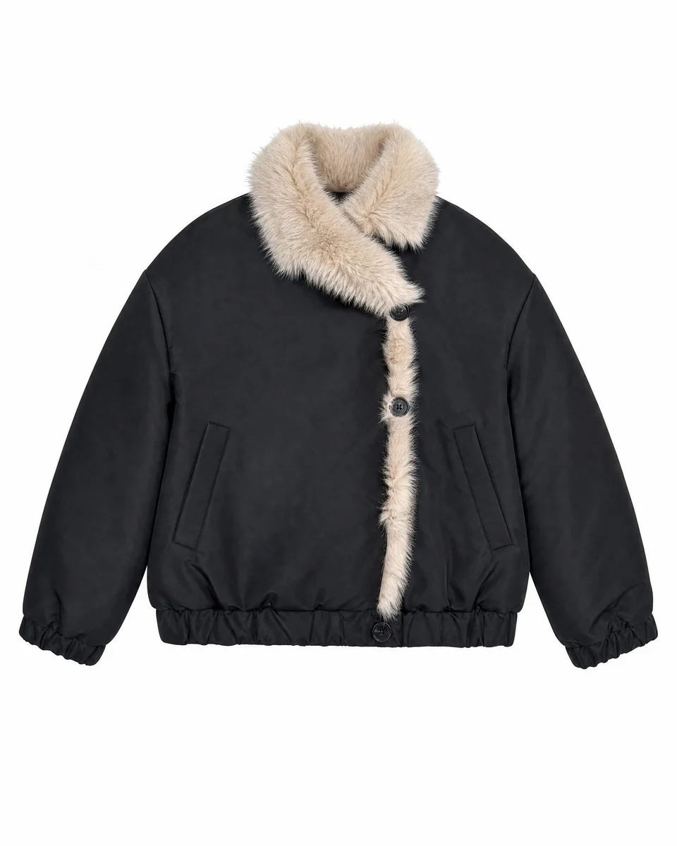 REVERSIBLE BEIGE AND BLACK FAUX FUR COAT - 1